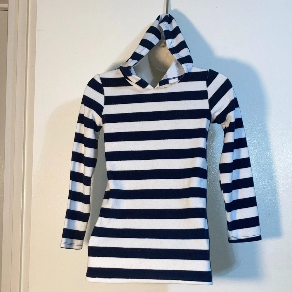LANDS END Navy and White Striped Kids Hoodie NEW Unisex Size Small 6-7
